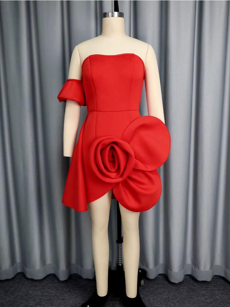 Afridan Women Party Sexy Tube Top Mini Dresses 3D Big Flower Christmas Off Shoulder Bodycon Wedding Guest Celebrate Event New