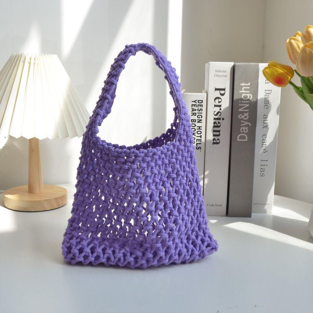 

Versatile Knitted Handbag Handmade Hollowout Woven One-shoulder Pouch Colorful Cotton Rope Large Capacity Mommy Bag фиолетовый