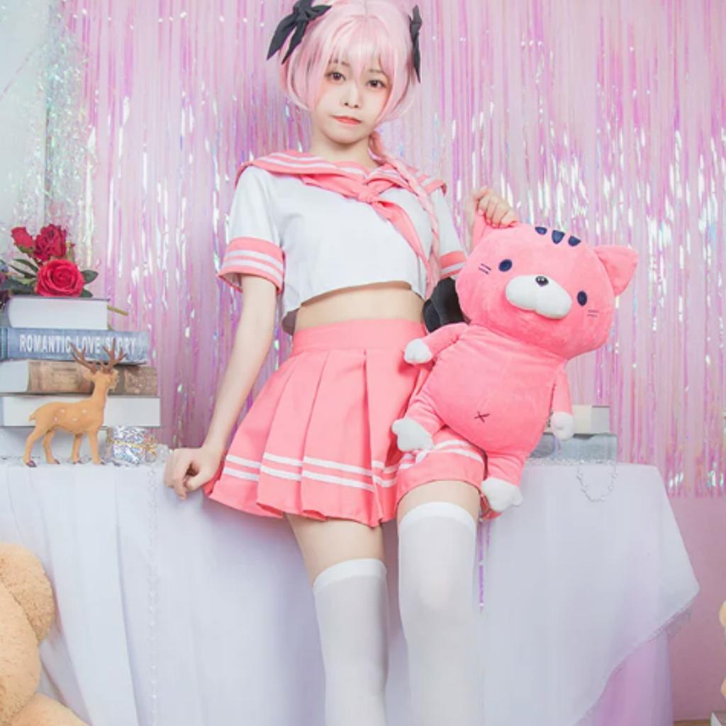 Ensemble Costume Cosplay Astolfo, Tenue Uniforme Marin Rose avec Perruque, Anime Série Fate Costume pour Fête d'Halloween Jeu de Rôle