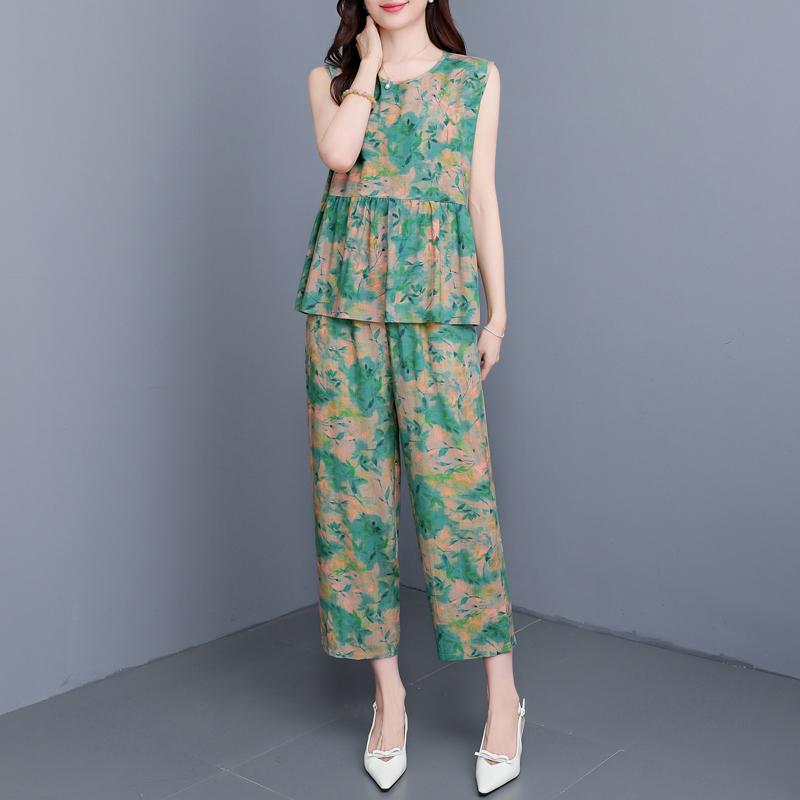 Plus Size Elegant 2 Piece Sets Women Summer Clothes Vintage Loose Print Pants Sets