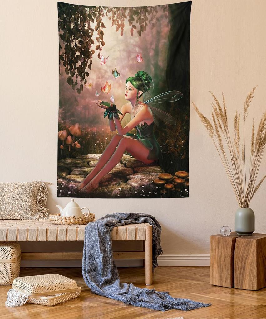 Fall Tapestry, Vibrant Misty Day in Forest Sun Rays Trees Foliage Fallen Leaves Calm View, Wide Wall Hanging for Bedroom Living