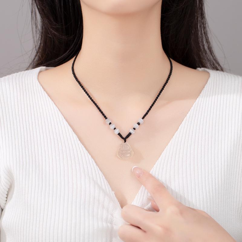 Jinruixi White Chalcedony Maitreya Buddha Pendant Necklace - Cat's Eye Stone Clavicle Chain