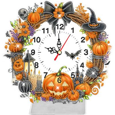 Halloween Pumpkin 2D Flat Acrylic DIY Diamond Painting Clock Kit 5D Diamond Art Clock for Home Office Kitchen Dining Room