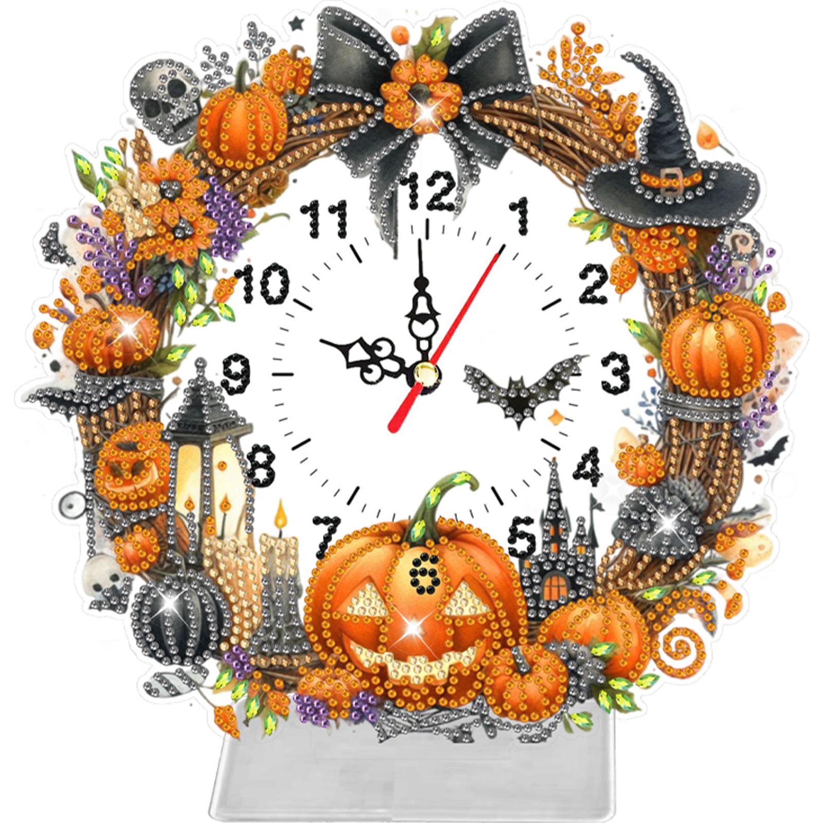 

Halloween Pumpkin 2D Flat Acrylic DIY Diamond Painting Clock Kit 5D Diamond Art Clock for Home Office Kitchen Dining Room
