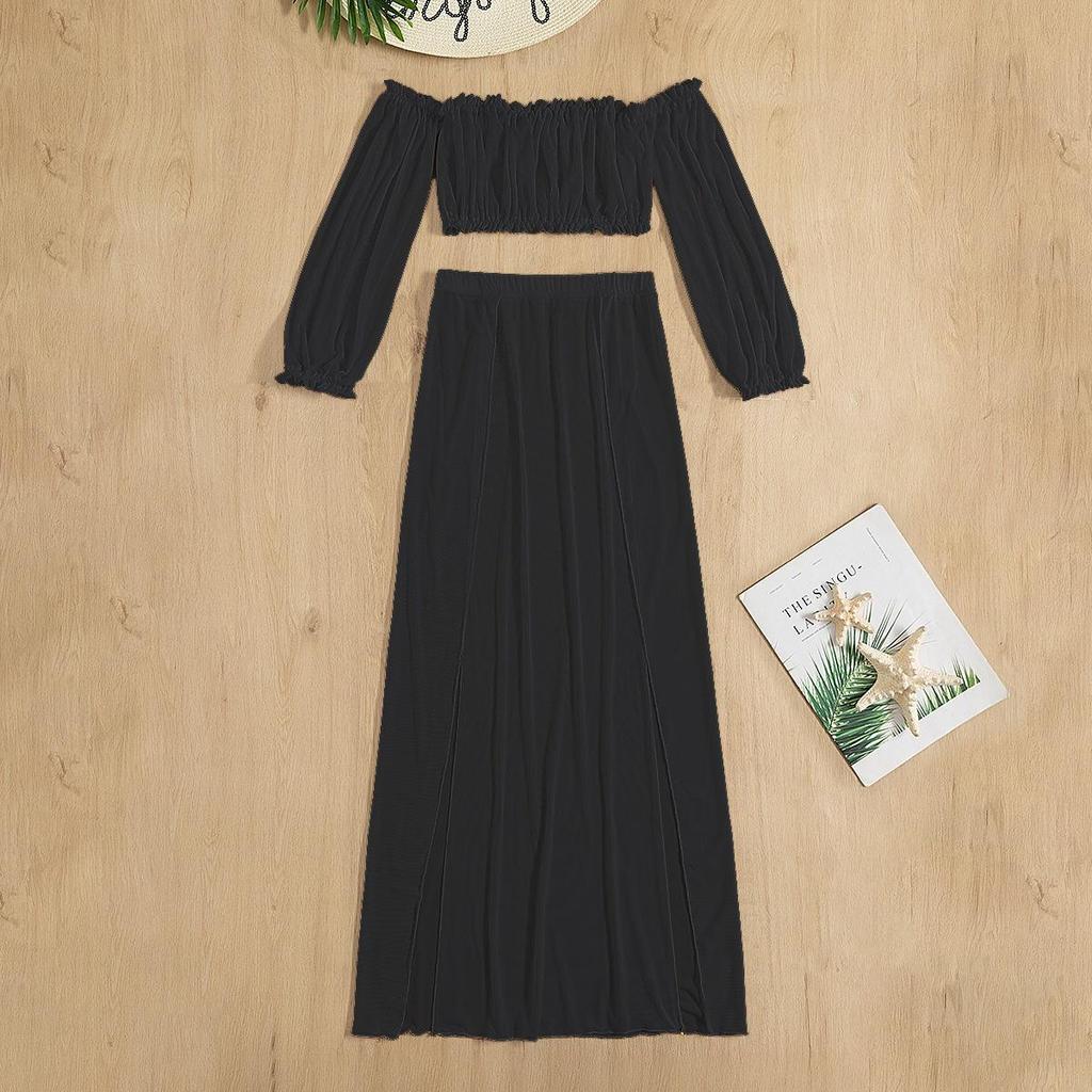 Women's European & American Off-Shoulder Swimsuit Cover-Up: Long Sleeve, High Slit Skirt, Two-Piece Set