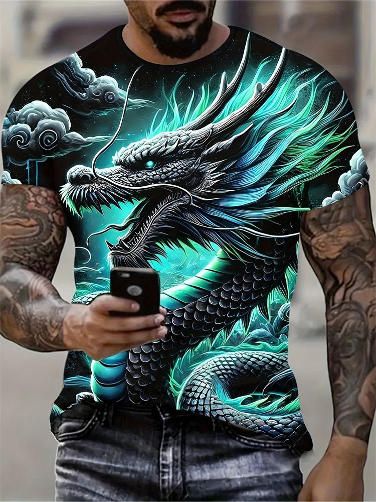 2026 New Men's 3D Dragon Print T-shirt Casual Short-sleeved Pullover Polyester Round-neck Summer Outdoor Clothing Adult Size