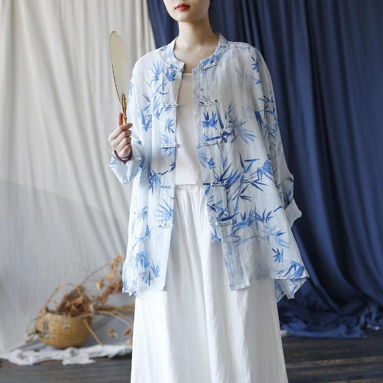 Vintage Floral Print Women Blouse Long Sleeve Loose Button Shirt Chinese Style Tops Autumn Stand Collar