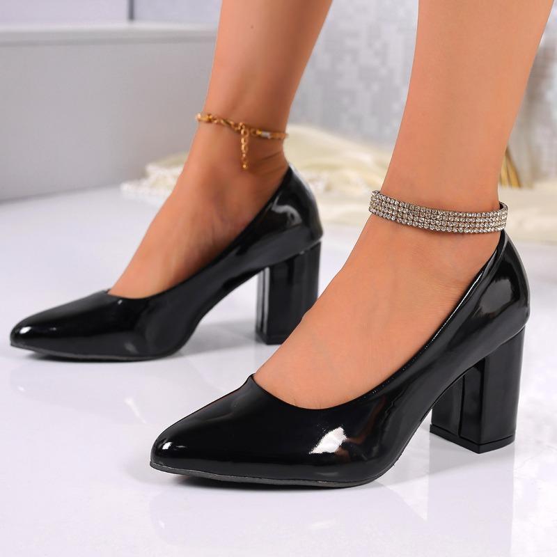 Fashion Shoes for Women Mid Heel Office Lady Pumps PU Leather Black Pointed Toe High Heels Ladies  Footwear Zapatos De Mujer