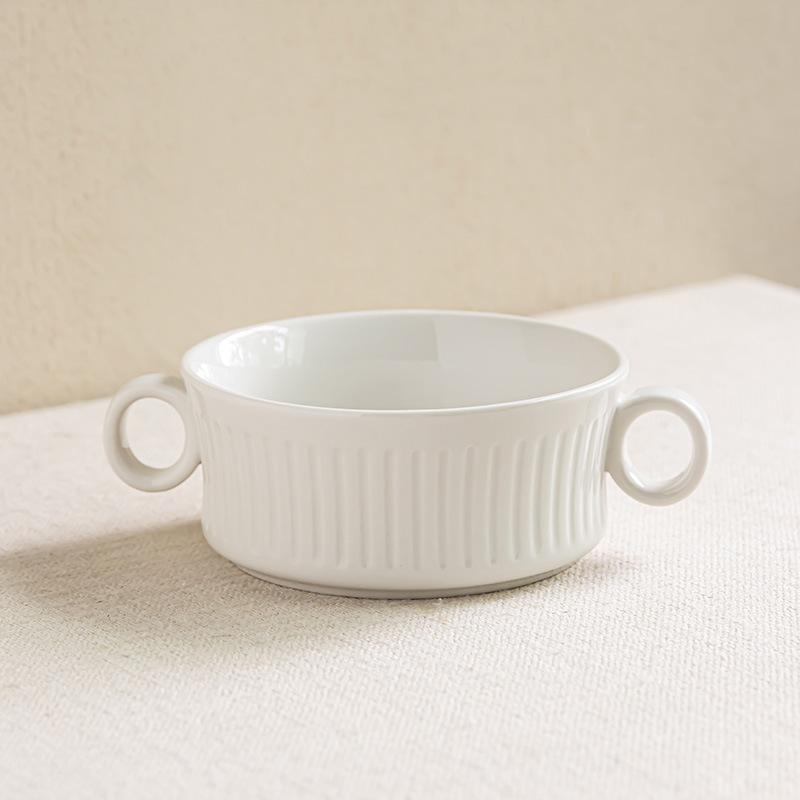 High Value Ceramic Characteristic Relief Binaural Bowl Solid Color Tableware Bowl Household Soup Bowl Yogurt Dessert Bowl Vegetable Bowl Noodle Bowl