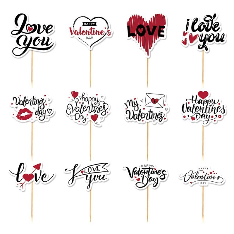 Gut-48 Stück Valentinstag Kuchenaufsätze- Happy Valentine's Day Partyzubehör Valentinstagszubehör Valentinstagskuchen Dekoration
