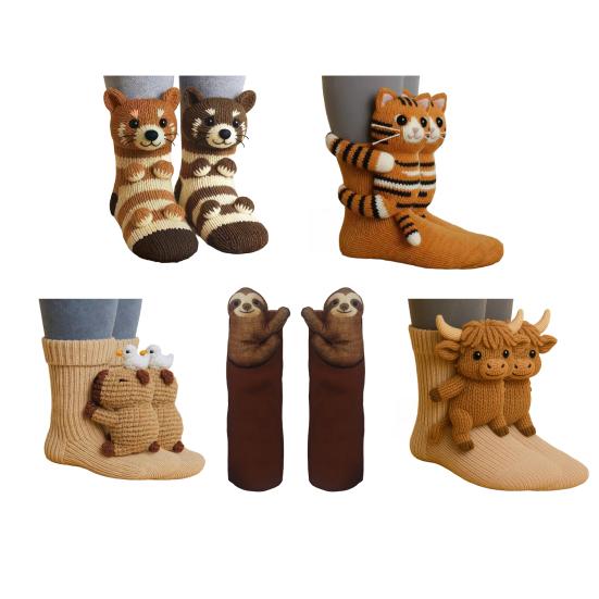 3D Animal Knitted Socks Handmade Sloth Highland Cow Doll Crew Socks Cute Warm Thick Floor Socks Gift for Birthday Festival