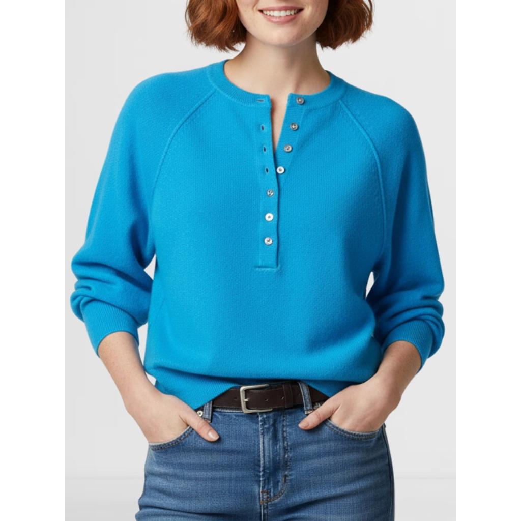 Women's Round Neck Long Sleeve Knit Sweater Loose Fit Button Detail Henley Pullover Top