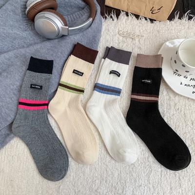 Women's Autumn Mid-calf Socks, Retro Color-blocking Striped Fabric Label Trendy Socks, Boneless Pile Socks