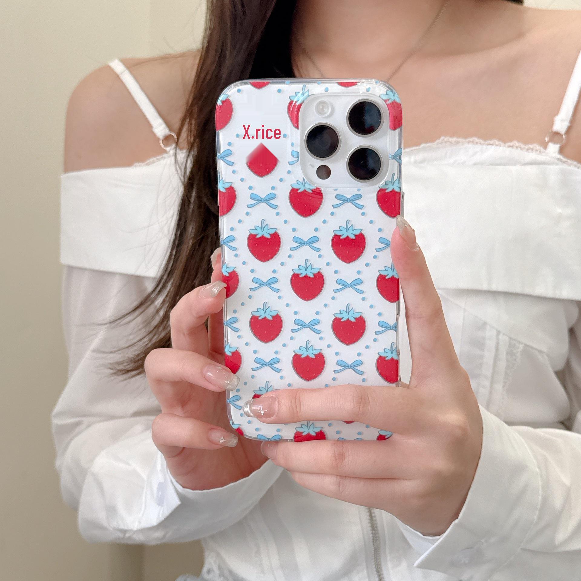 

Strawberry Bow Blue Cross-Body iPhone 16/17 Pro Max Phone Case for Apple 15/14 iPhone 16 Pro Max