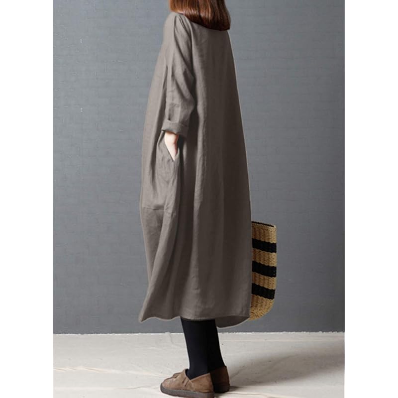 [Yino] New 8 Colors Available: Long-Sleeved Maxi Dress for Spring, Autumn, and Winter - Women's Dress, Tunic, Top, Plus Sizes, Linen, Adult Casual