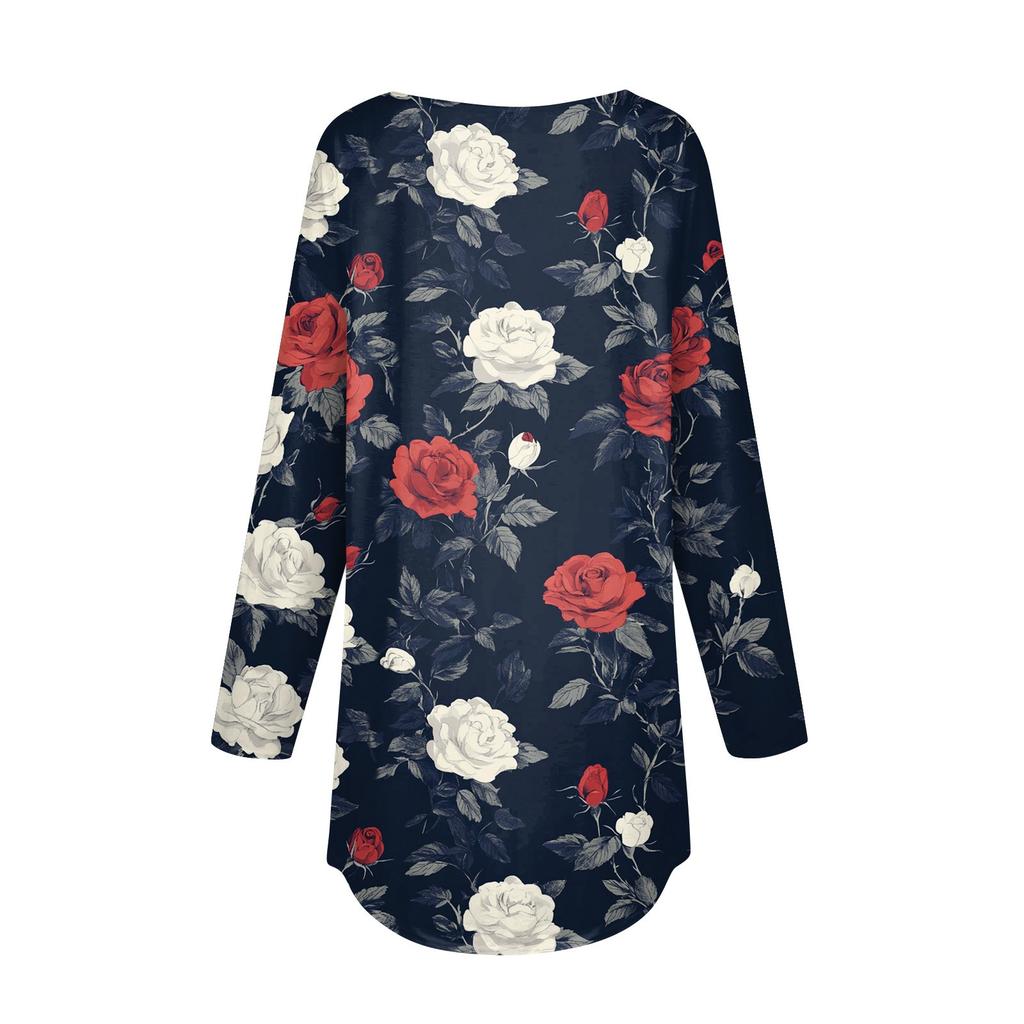 Women's Loose Casual Flower Printed Round Neck Long Sleeved T Shirt Top Pullover Long Sleeved Sweatshirt