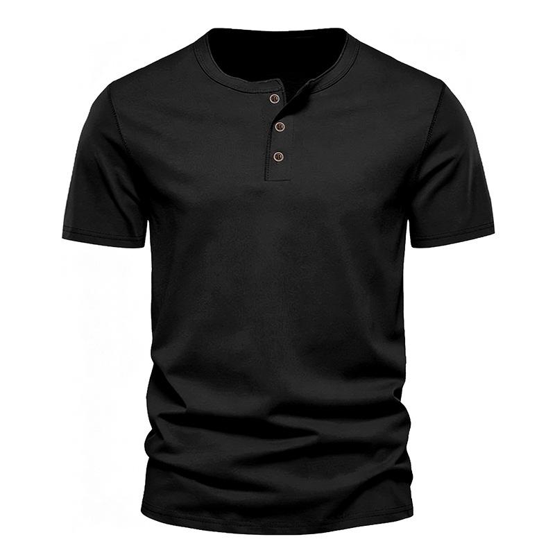 Men Henley Neck Short Sleeve Solid Color Casual Basic T Shirt S чёрный