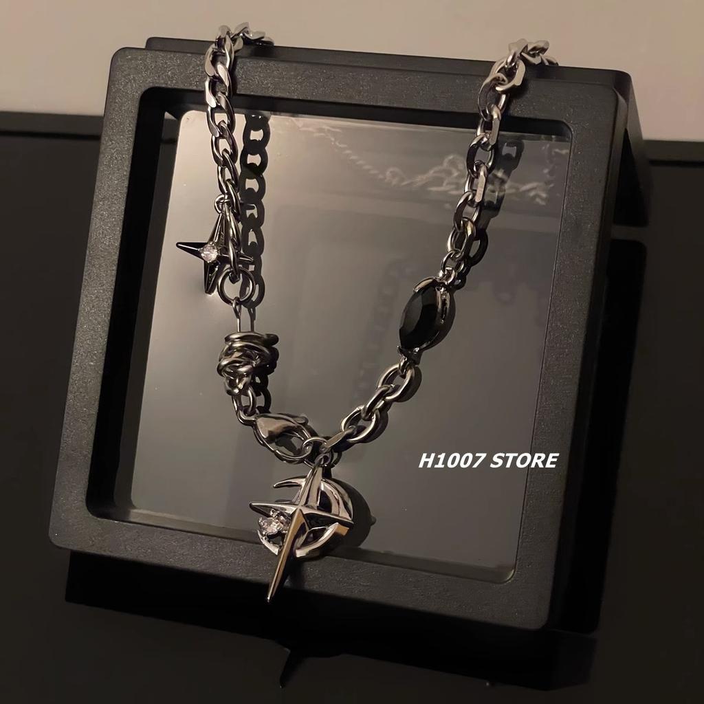 Black Gem Star Titanium Steel Hip Hop Street Clavicle Cuban Necklace For Men