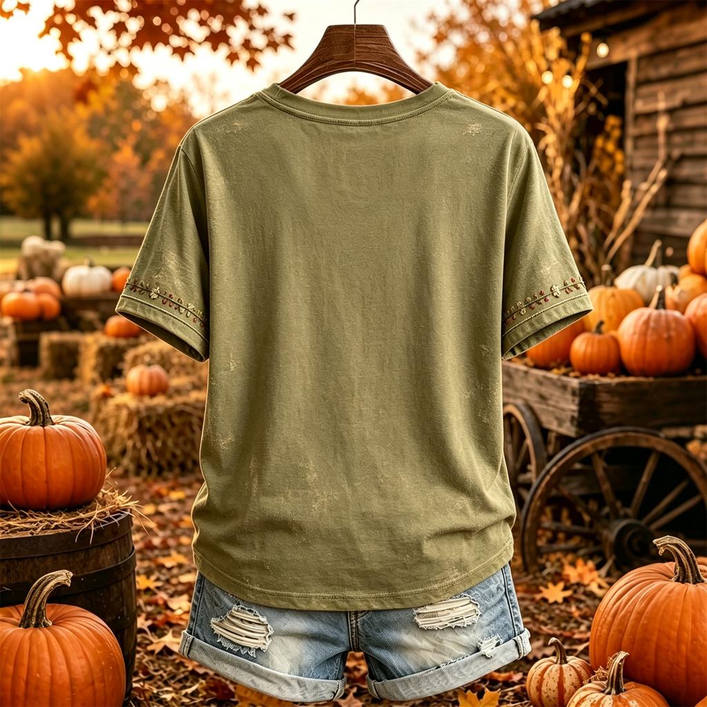 Women's Casual V-Neck Short Sleeve Pullover Top with Thanksgiving Print