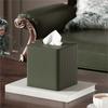 PU Leather Square Tissue Box Magnetic Closure Short Pile Lining Car Tissue Holder Roman Column Stripe Widened Opening