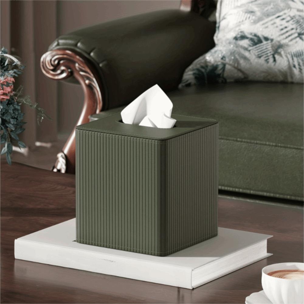 PU Leather Square Tissue Box Magnetic Closure Short Pile Lining Car Tissue Holder Roman Column Stripe Widened Opening