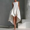 Women's Cotton Linen Sleeveless Midi Dress Crew Neck Asymmetric Hem Tank Dress Summer Casual Beach Sundress
