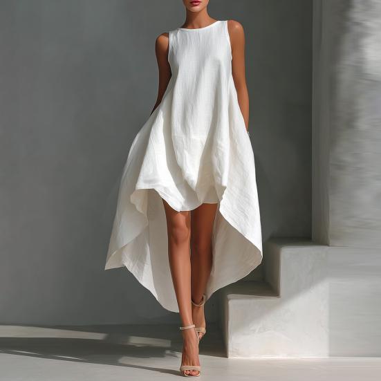 Women's Cotton Linen Sleeveless Midi Dress Crew Neck Asymmetric Hem Tank Dress Summer Casual Beach Sundress