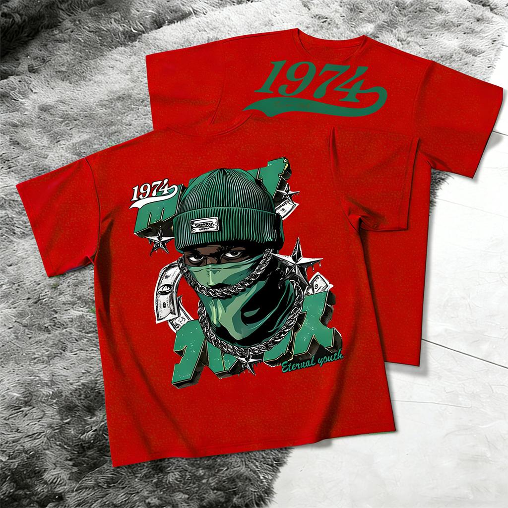 Street Hip-Hop Style Short-Sleeve T-Shirt with Money, Stars, and Masked Man Print – Trendy Couple T-Shirt
