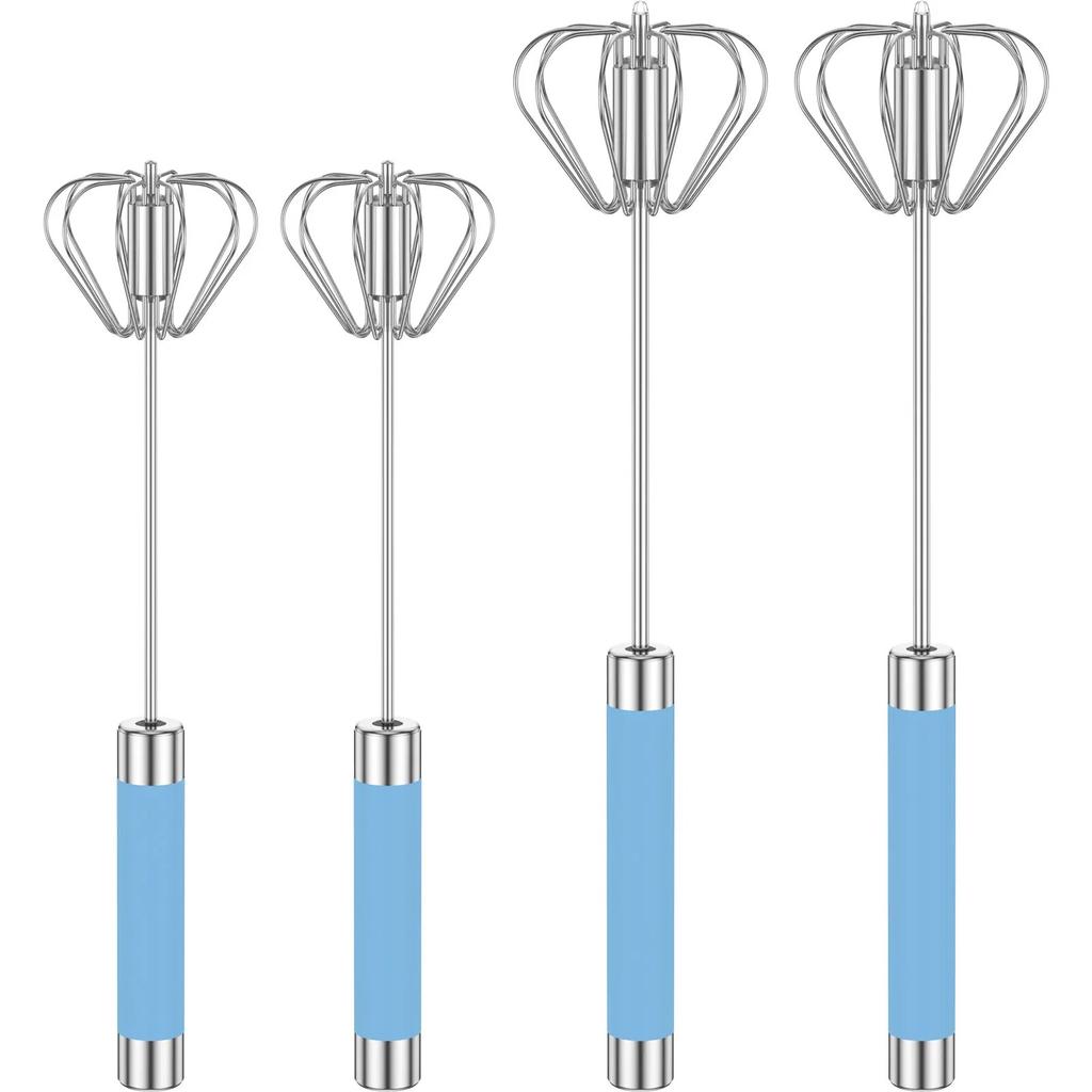 4Pcs Egg Whisk Stainless Steel Egg Beater Hand Push Whizzy Whisk with Handle Rustproof Hand Whisk Semi Automatic Egg Mixer Kitchen Tool