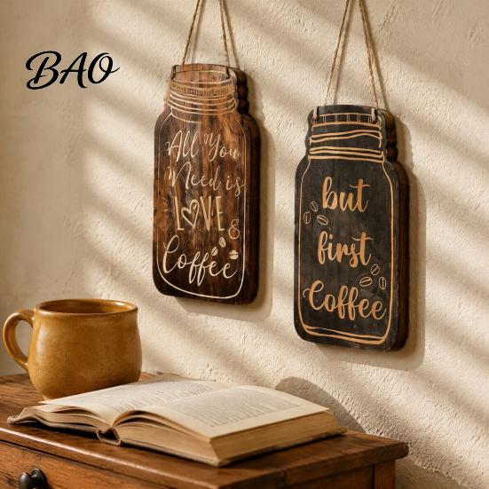 Coffee Theme Wall Hanging 4Pcs Bar Wooden Sign, Farmhouse Rustic Mason Jar Shaped Art Decoration, Plaque for Cafe Kitchen Dining Room Sign