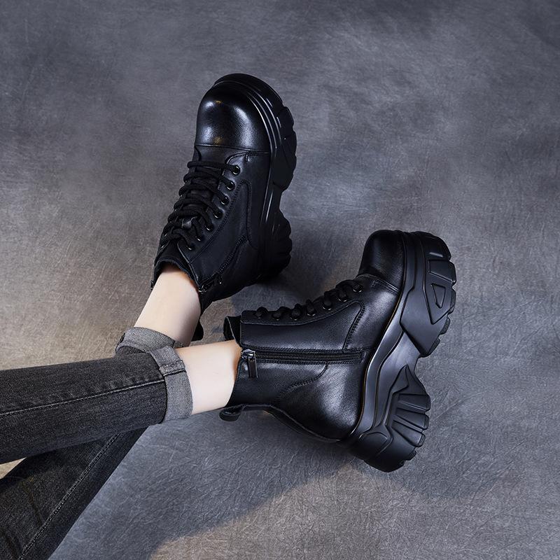 Herbst und Winter neue Plateau Martin Stiefel Damen Leder Britischer Stil klein retro braun Innenhöhe Erhöhung kurze Lederstiefel