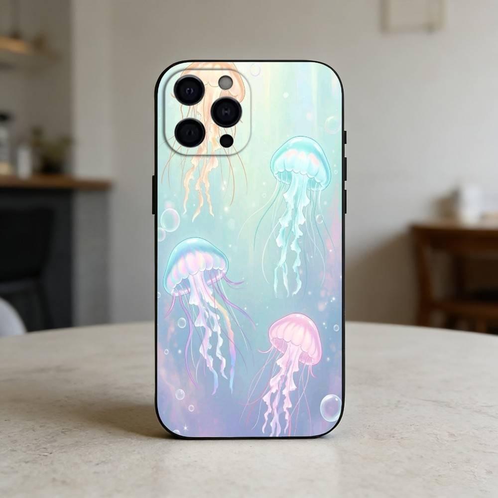 INS C-Cartoon Jellyfish Phone Case Silicone black Soft For IPhone 17,16,15,14,13,12,11,SE,Plus Pro Max
