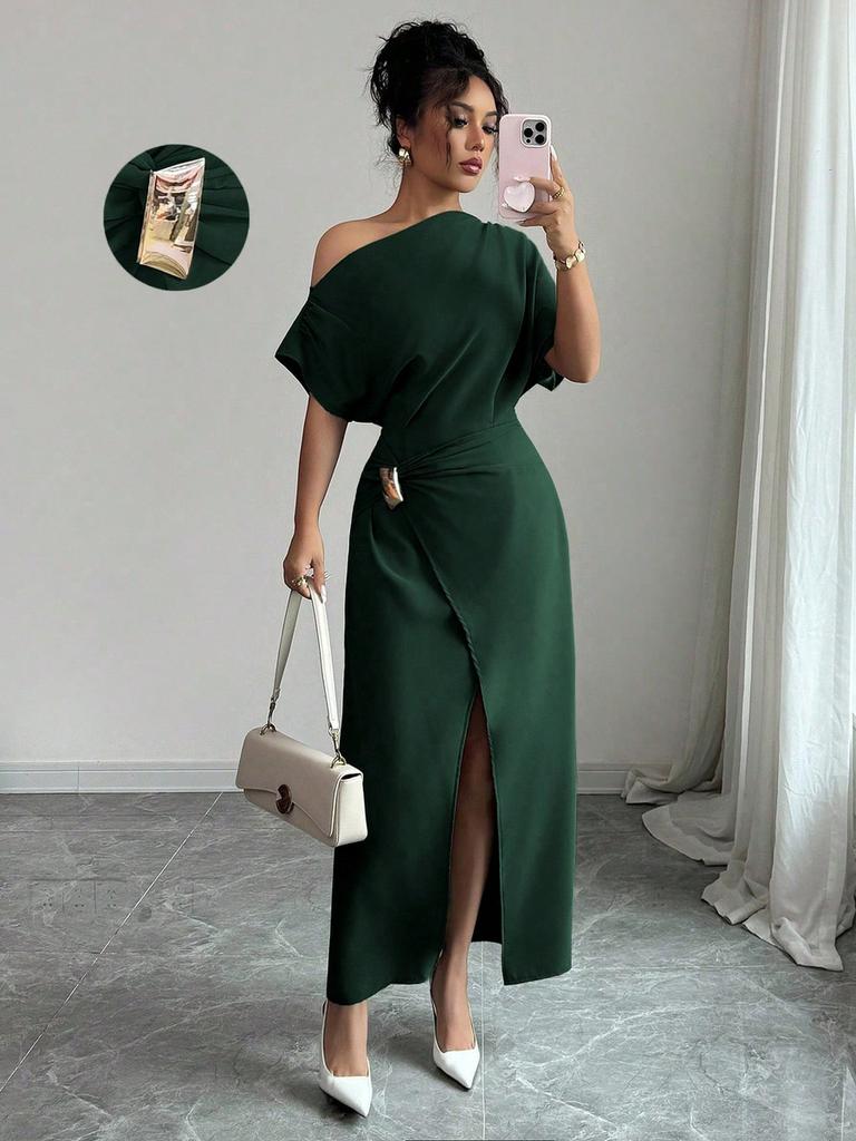 Summer Off-Shoulder Dress for Women, Solid Color Split Elegant Slim Fit Bodycon Maxi Dress