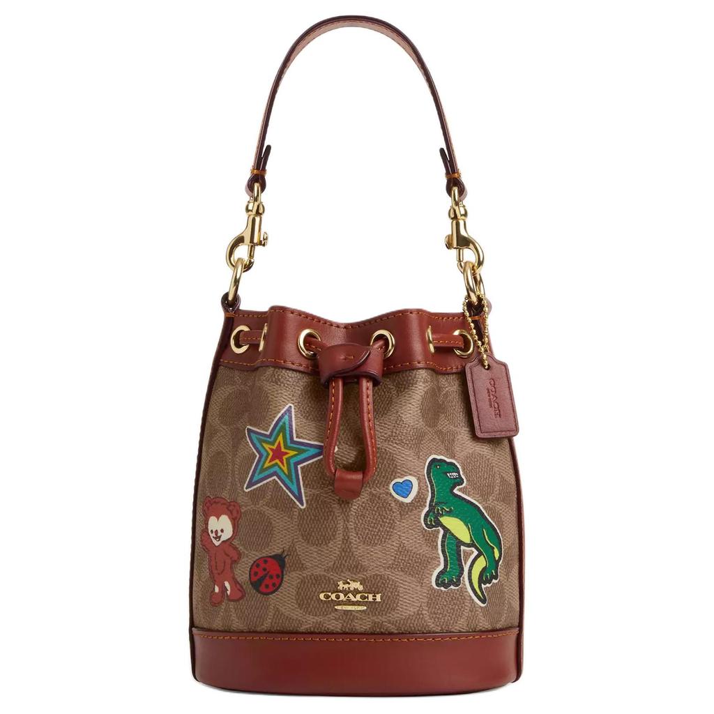 Coach Dempsey 14 Removable Shoulder Strap Drawstring Closure Coated Canvas Bucket Bag Women Handbags Gold Brown Multicolor CW300-IMTAM