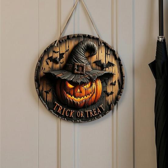 Thanksgiving Yard Display Halloween Wooden Sign,Round Hanging Pendant with Lanyard, Retro Distressed Holiday Home Ornament Wood Skeleton/Pumpkin/Clown