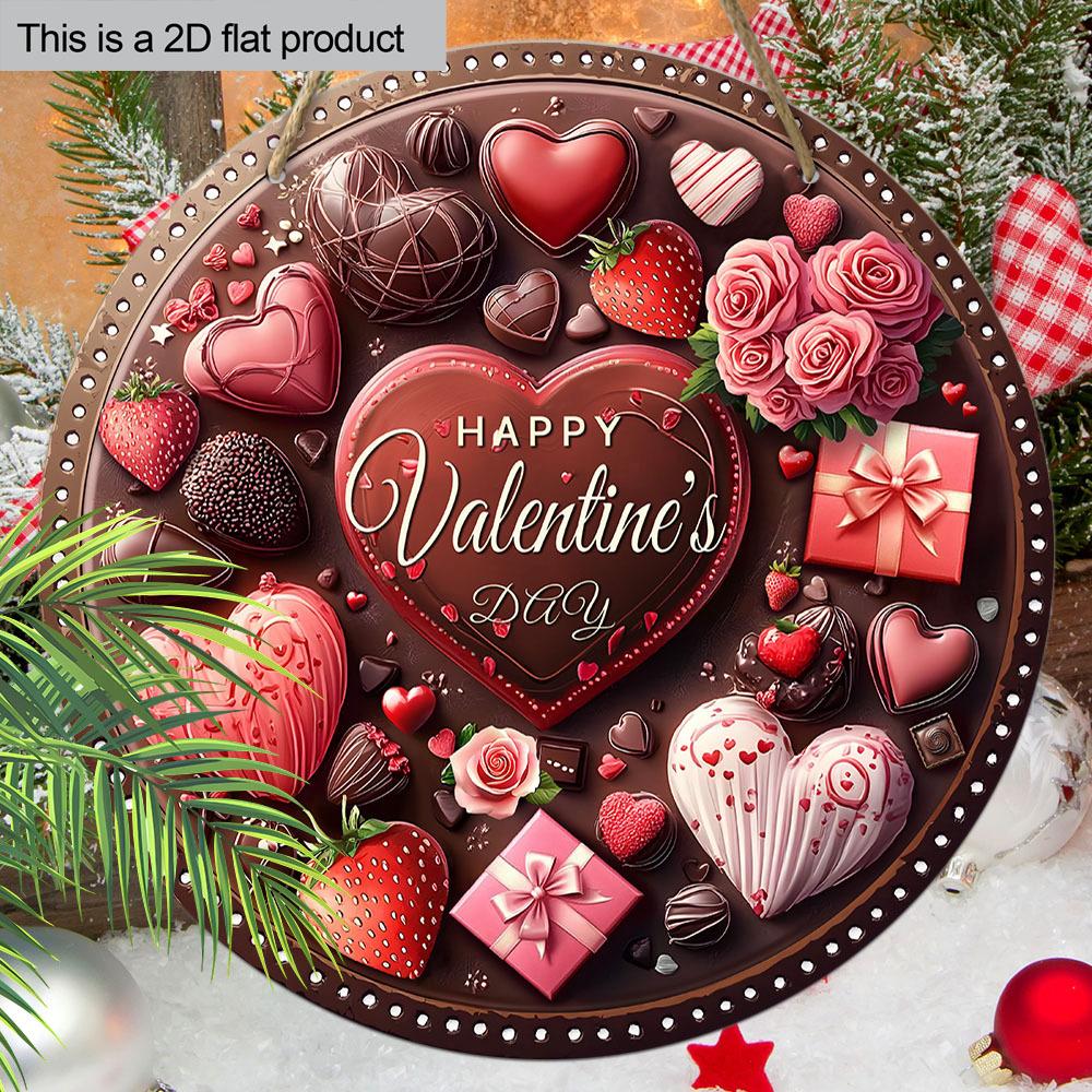 Happy Valentine's Day Chocolate Heart Wooden Sign, Round Front Door Decor, Sweet Treats & Roses Wall Hanging - Ideal Romantic Gift