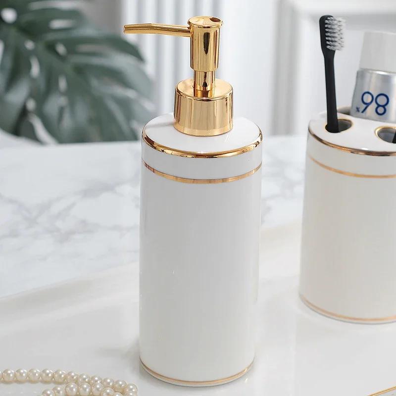 Gilded Ceramic Bathroom Accessories Set Portable Soap Dispenser Mouth Cup Toothbrush Holder Soap Dish Tray Bathroom Supplies