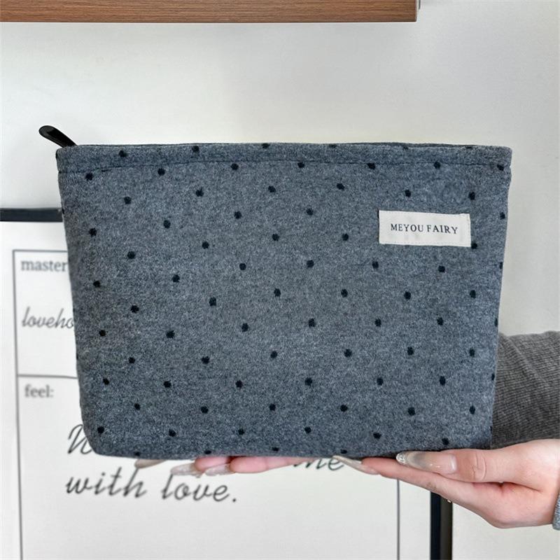 Black Polka Dot Cosmetic Bag With Pearl Handle Portable For Travel Skincare Storage