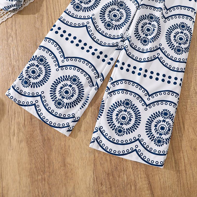 Girls' Fall Fashion Set: Children's Casual Printed V-Neck Long-Sleeve Top + Wide-Leg Pants