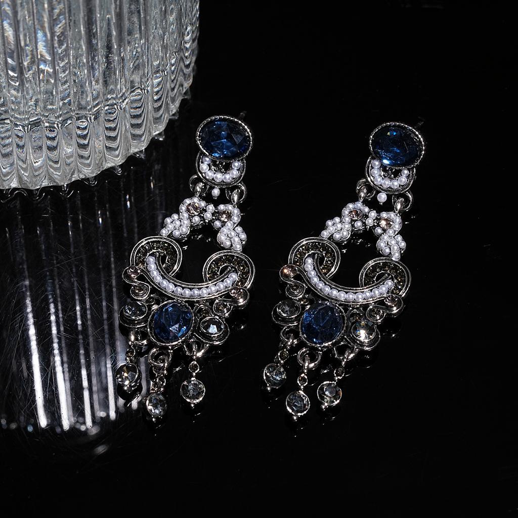 Silver Needle Ethnic Style Diamond-set Pearl Fringed Earrings Retro Ethnic Style Stud Earrings Women's Earrings Design Sense Niche