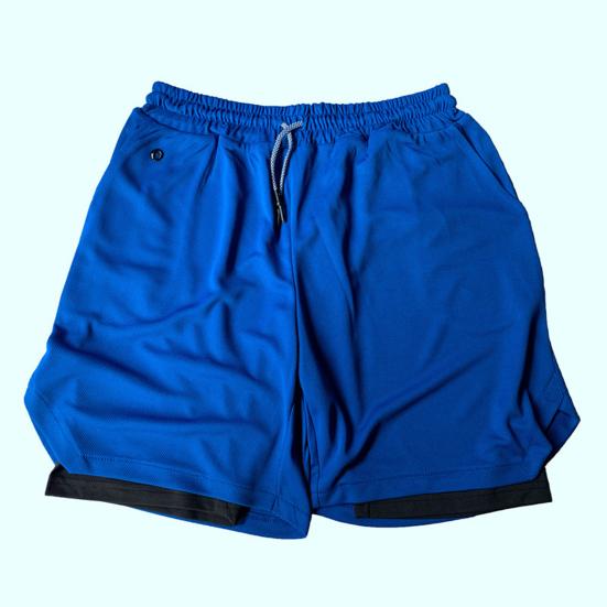 Men Shorts Double Layer Drawstring Fake Two Piece Elastic Waist Knee Length Shorts for Training