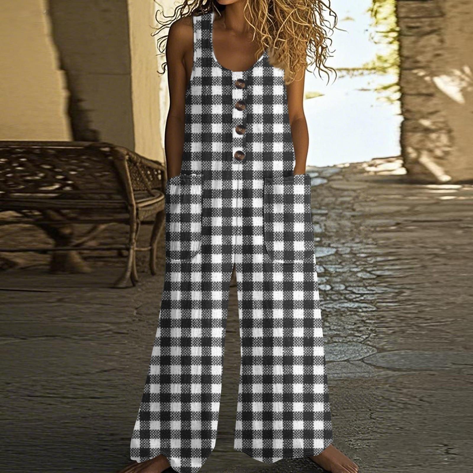 

Женский модный и повседневный комбинезон без рукавов на пуговицах с полосатым и клетчатым принтом, хлопковый комбинезон с карманом M светло-серый