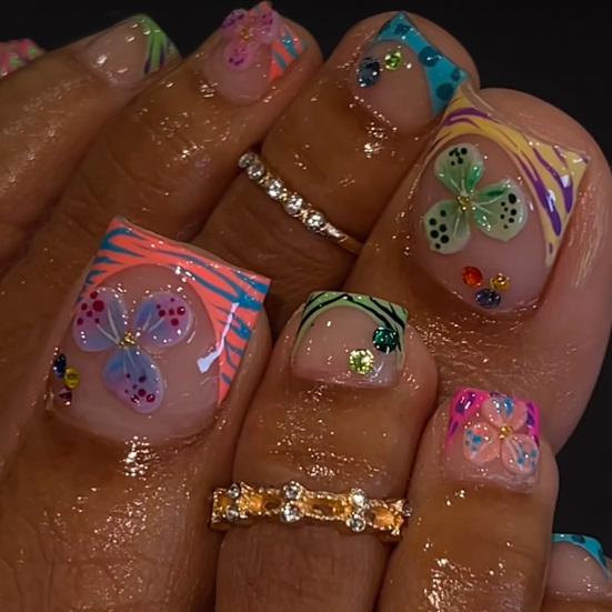1 Set Colorful Flower Press on Toenails Reusable French Tip Short Stick-on Fake Toenails Removable Glue on False Toe Nails for
