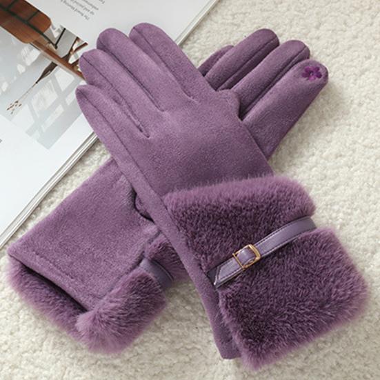Women's Winter Suede Gloves with Fur Cuffs Soft Warm Touchscreen Cycling Gloves Ladies Fleece Lined Windproof Gloves for Cold Weather
