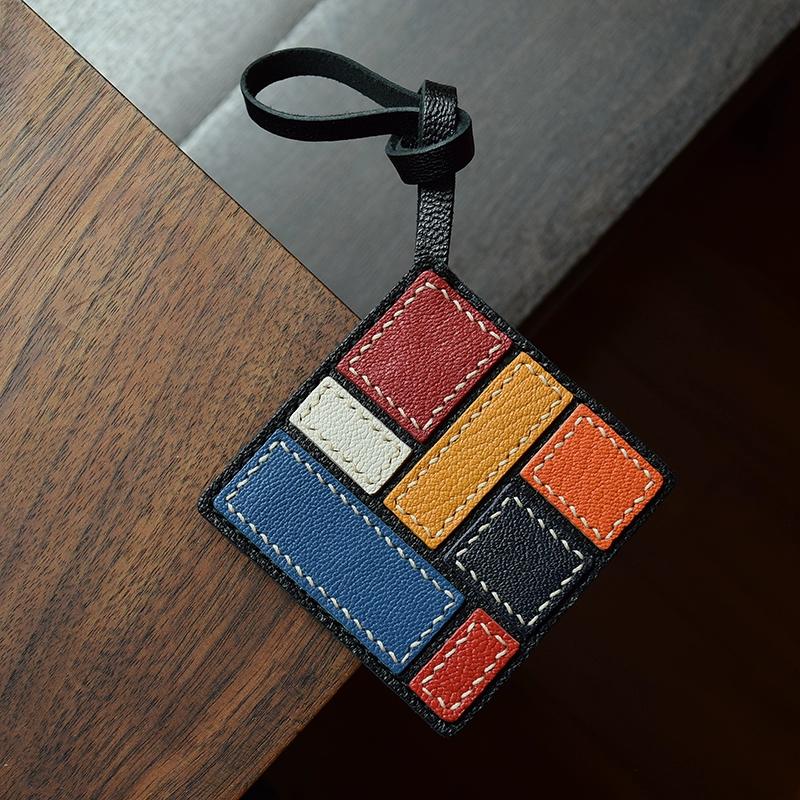 Mondrian Style Leather Handmade Bag Pendant Simple Personality Niche Art Women's Keychain