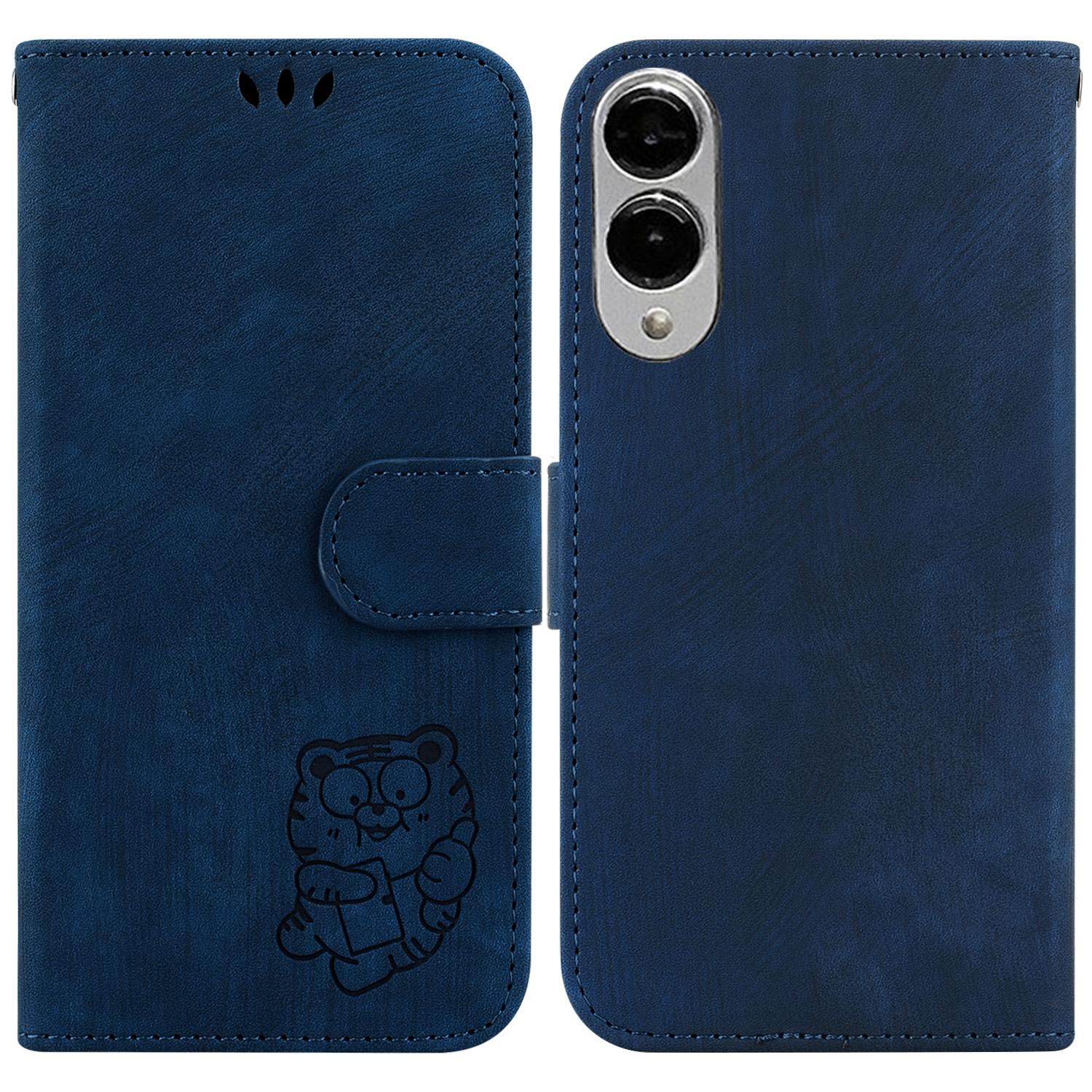 

For Samsung Galaxy S25 Edge Wallet Case Tiger Imprint Leather Shockproof Phone Cover Dark Blue