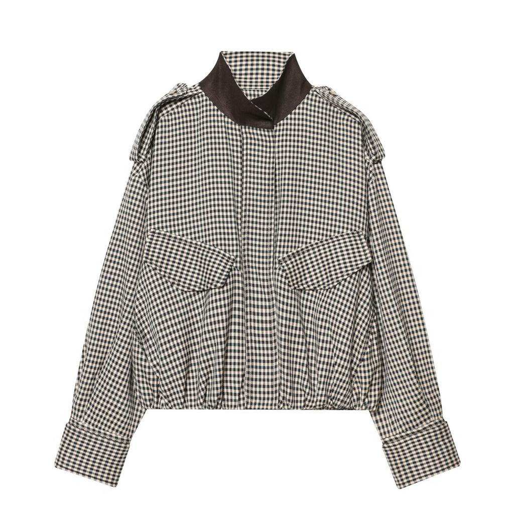 European and American style, new women's clothing, foreign style plaid bomber jacket jacket splicing plaid skirt