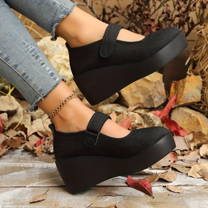 Women's Slip-On Platform Wedge Heel Casual Shoes with Adjustable Ankle Straps - Breathable Fabric Upper, Thick Cushioned Sole & PU Cover Outsole