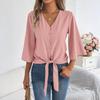 Damen Chiffon Bluse Lässig V-Ausschnitt Dreiviertelarm Knopfleiste Knoten Front Top