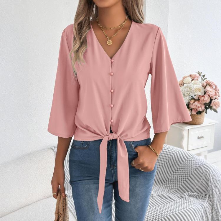 Damen Chiffon Bluse Lässig V-Ausschnitt Dreiviertelarm Knopfleiste Knoten Front Top